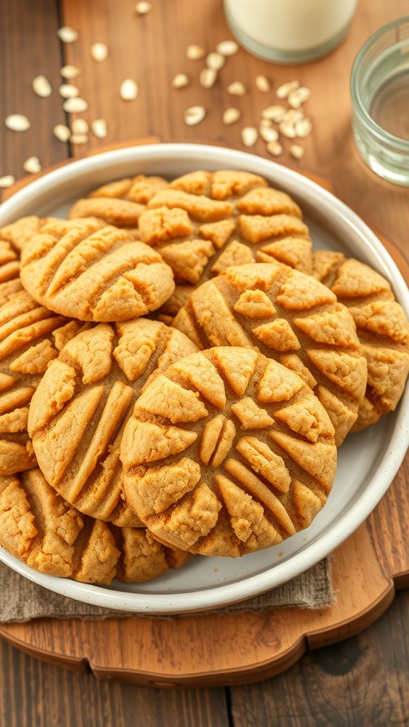 A plate of oatmeal peanut butter cookies with a glass of milk on a wooden table.